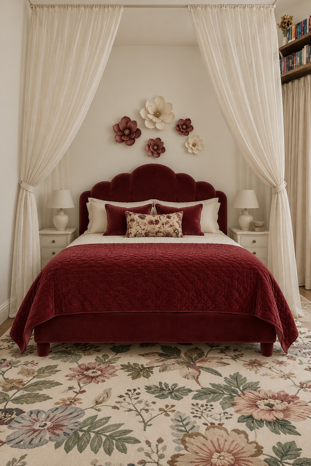 Scalloped burgundy headboard beneath cream curtains and a cluster of ivory and red wall flowers