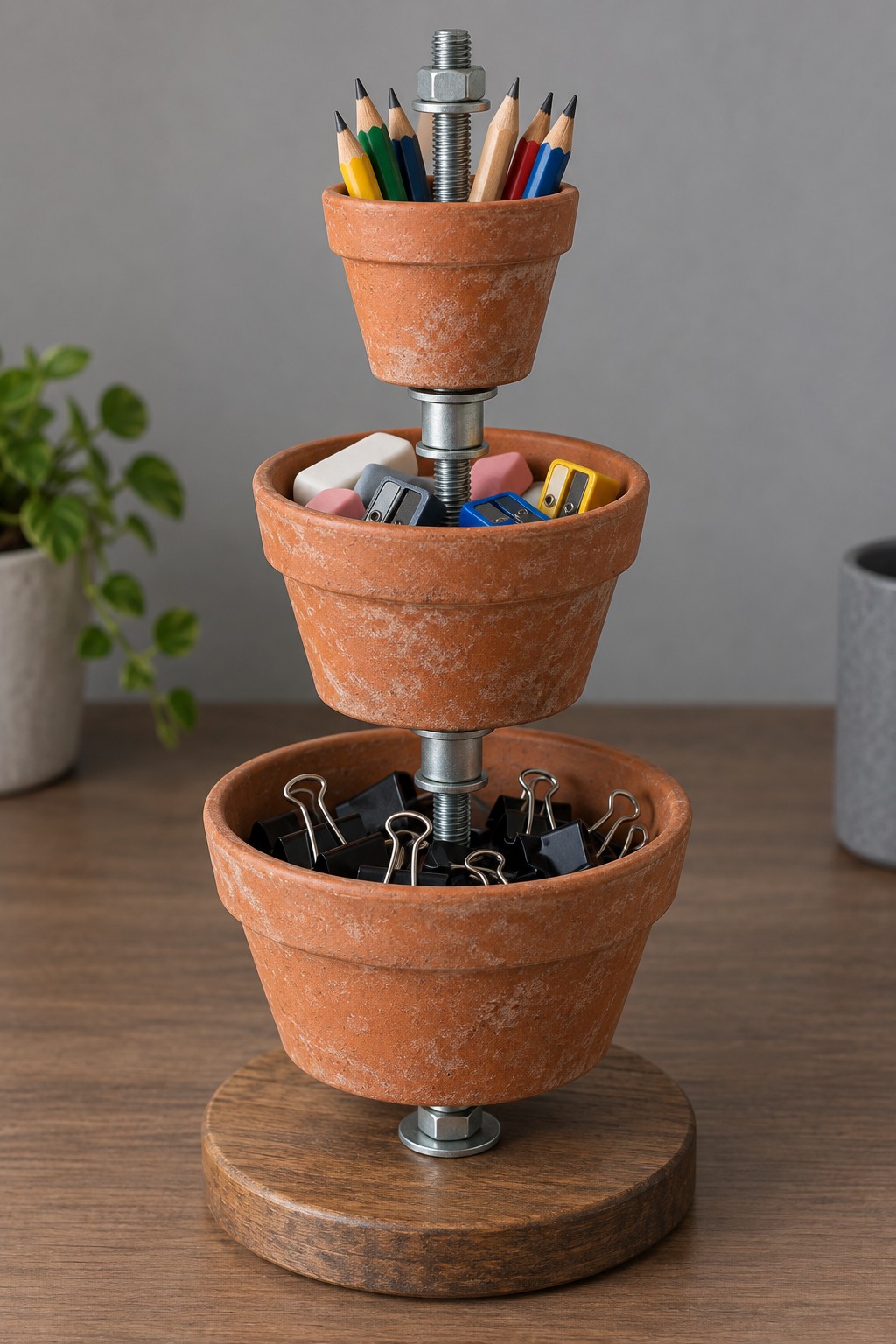 Three terracotta plant pots arranged vertically on a threaded metal rod and round wooden base holding pencils erasers and binder clips