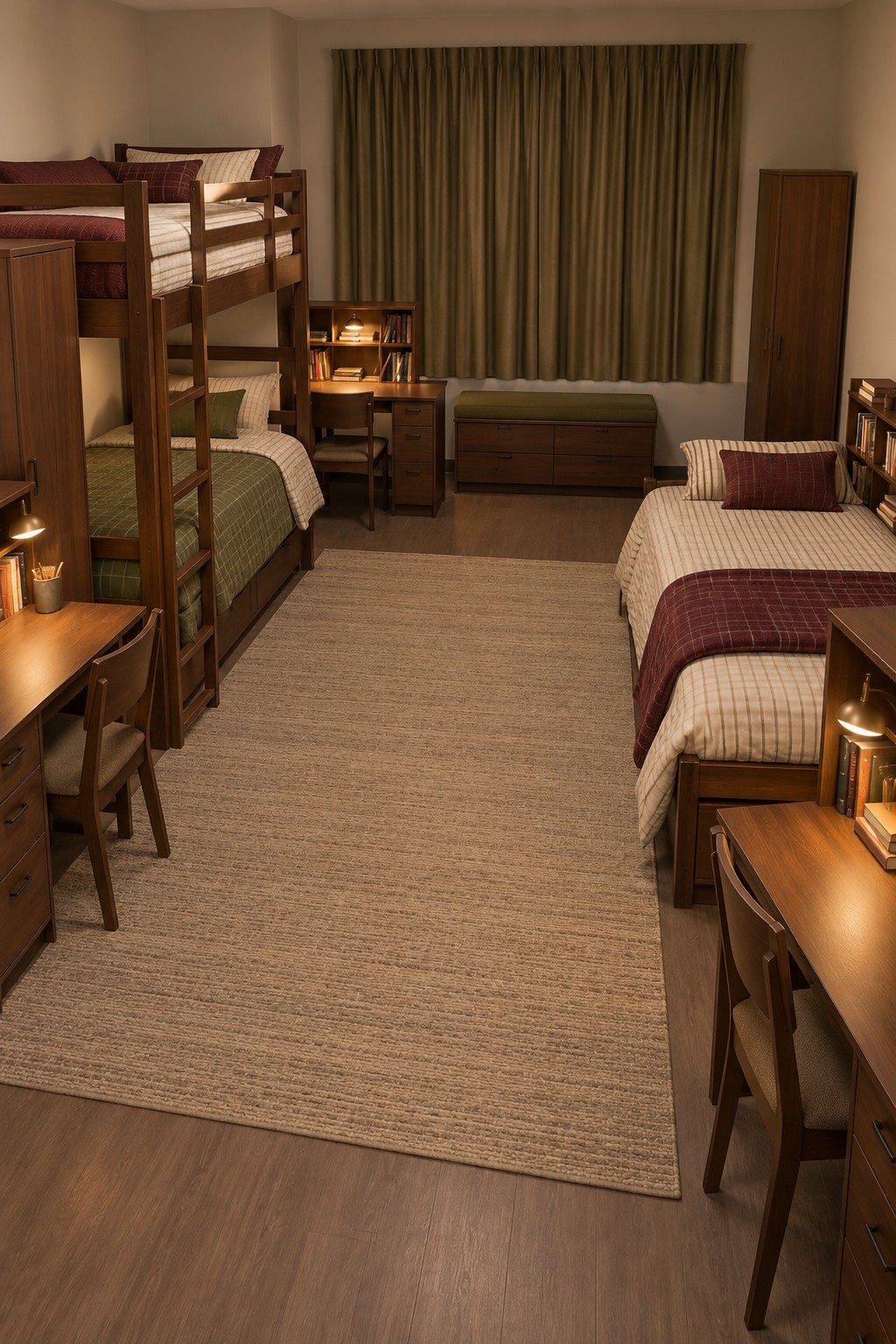 A dark wooden bunk bed and separate single bed with burgundy olive and cream bedding and a neutral rug