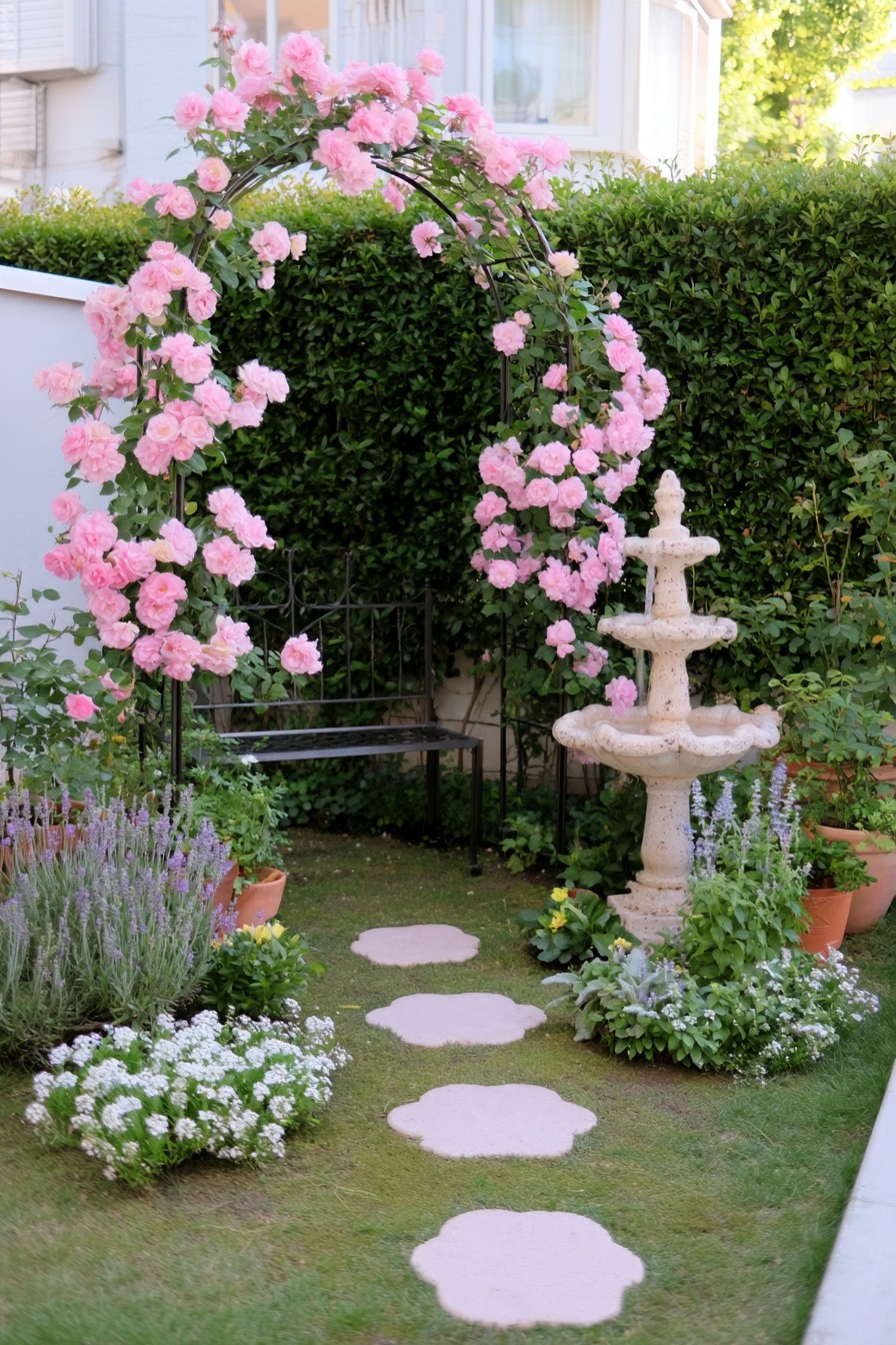 Dark metal rose arbor above a seat beside a three-tier garden fountain
