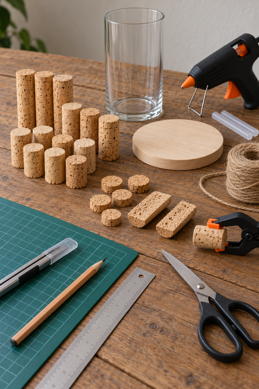 Whole corks slices and lengthwise halves beside measuring cutting and gluing tools