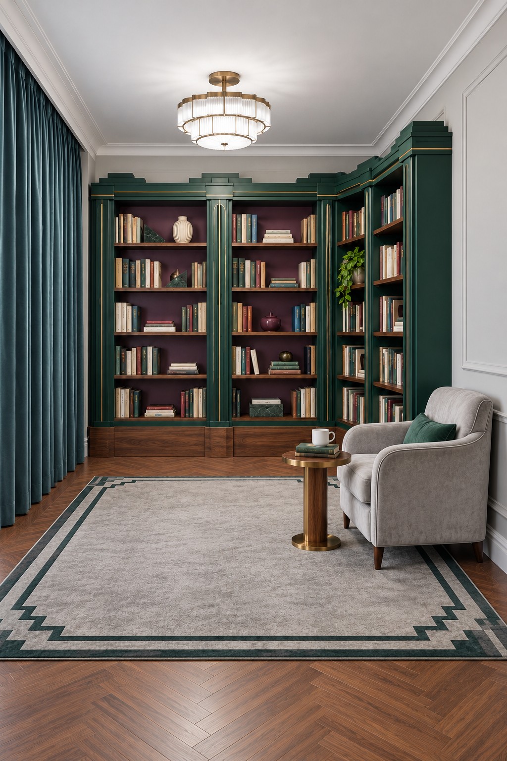 Emerald green bookcases with dark wood shelf interiors, a gray armchair, green curtains and a pale geometric border rug