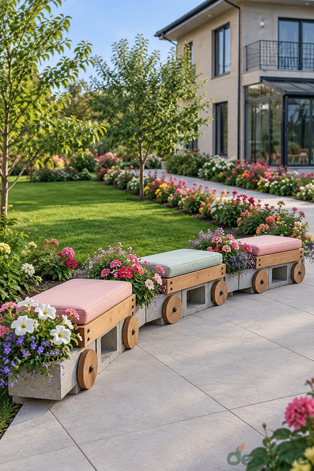 Three low garden bench modules with pastel seats flower boxes and decorative wooden wheels
