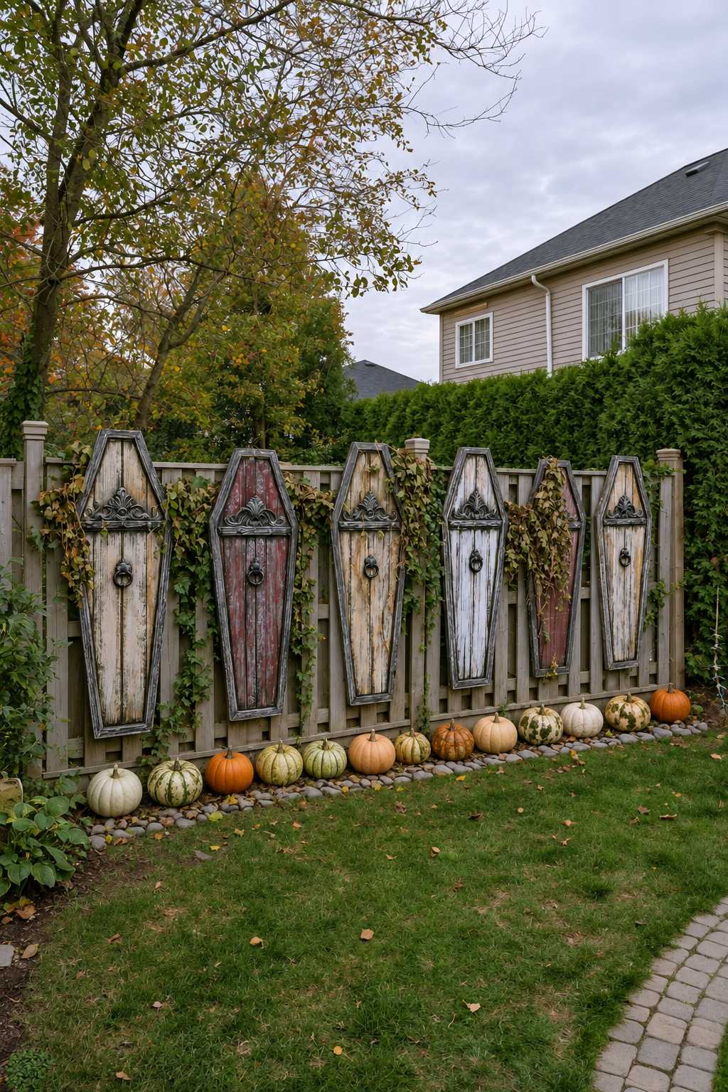 Coffin-shaped decorative panels with distressed finishes mounted on a fence above mixed pumpkins