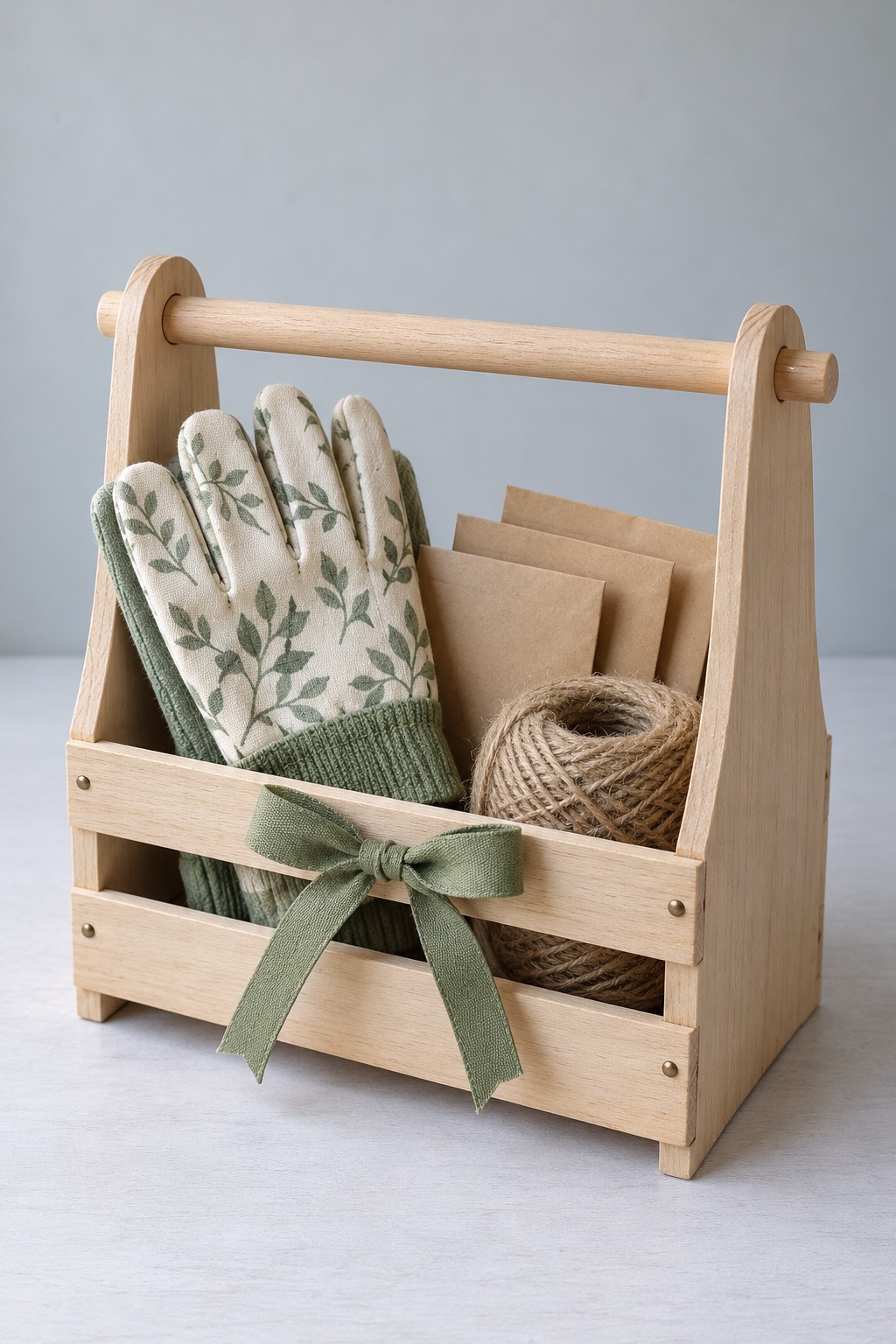 Small wooden garden caddy with a dowel handle, gardening gloves, kraft seed packets, and twine