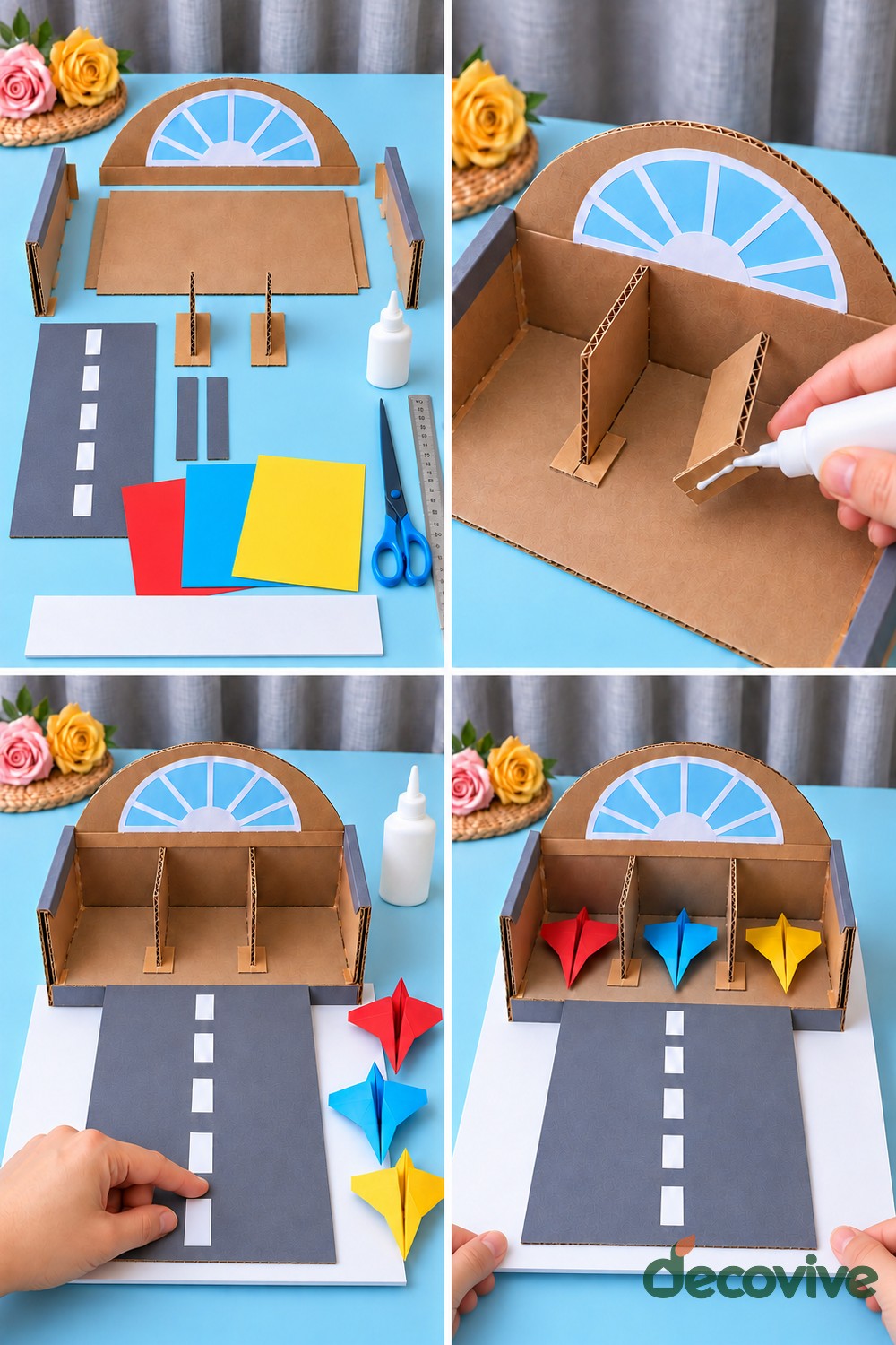 Making sequence for a cardboard airplane hangar and paper runway