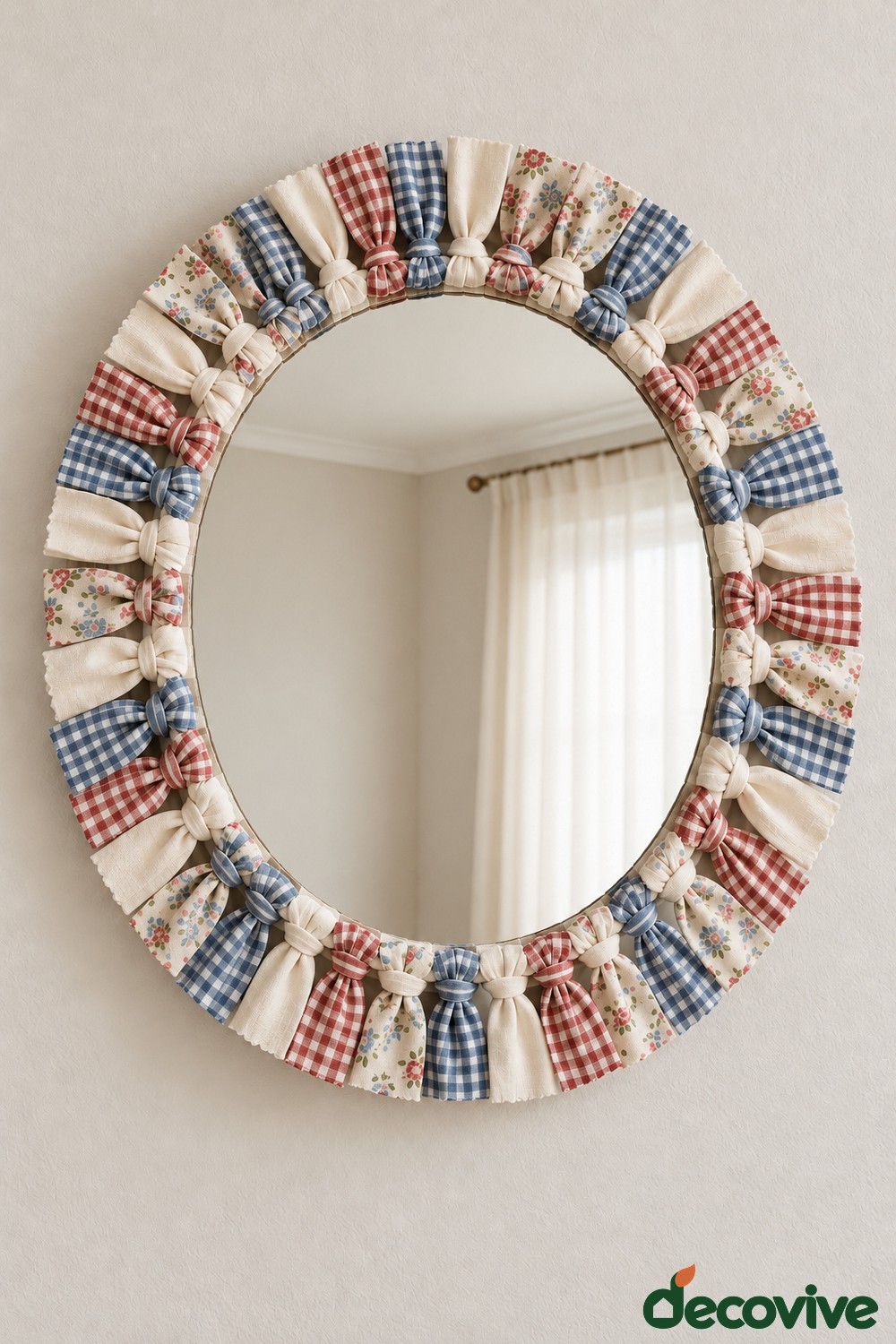 Round mirror framed with gathered floral and checked fabric scraps