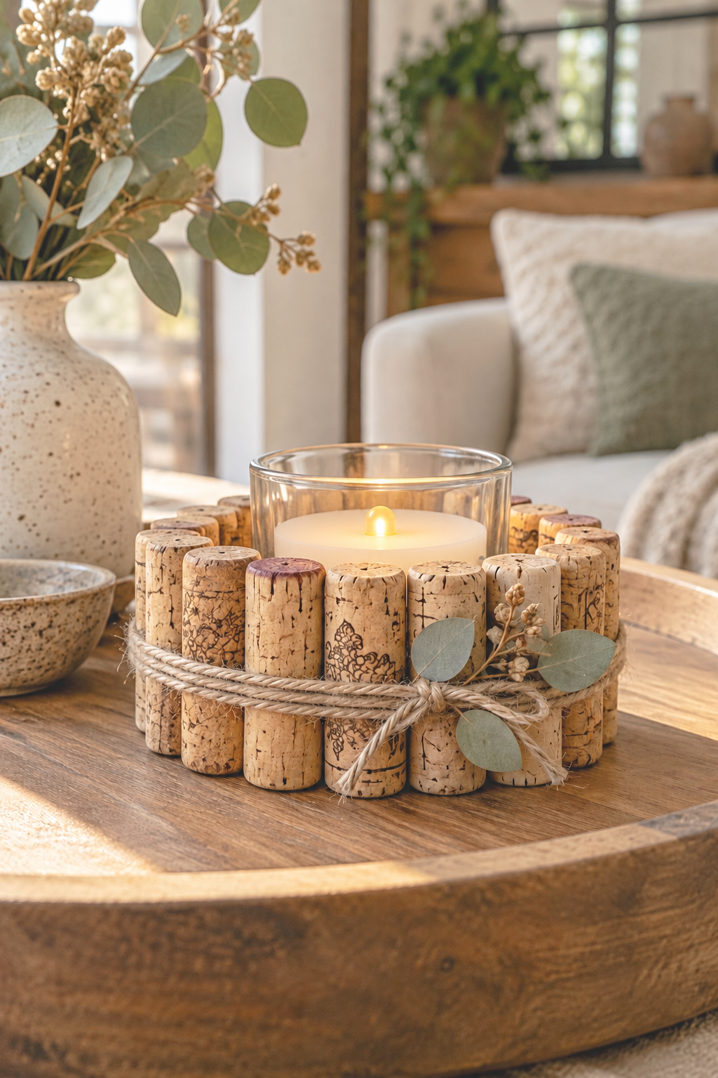 Flameless electric candle in glass surrounded by corks and twine