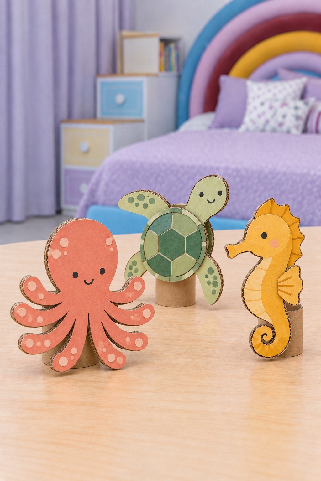 Handmade cardboard octopus with eight arms, a green turtle and a yellow seahorse standing on short tube bases