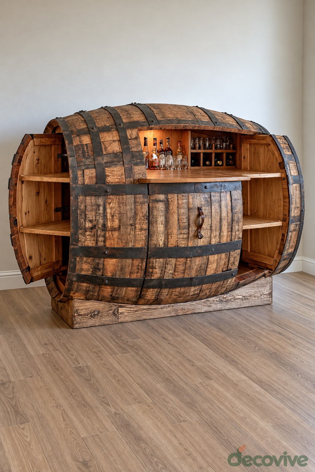 A Horizontal Barrel Drinks Cabinet with Side Shelves