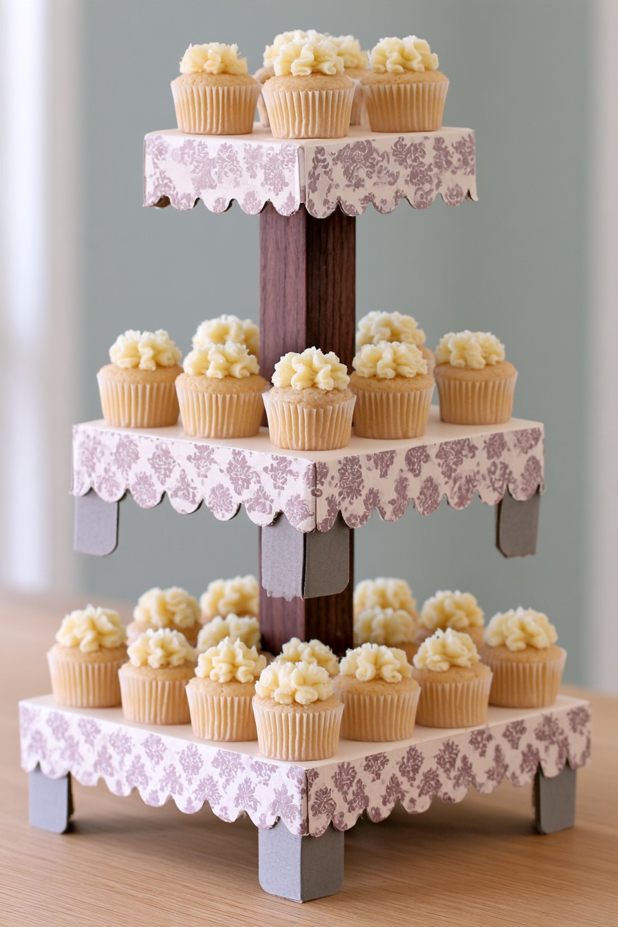 Elegant damask tiered cupcake stand on a dessert table