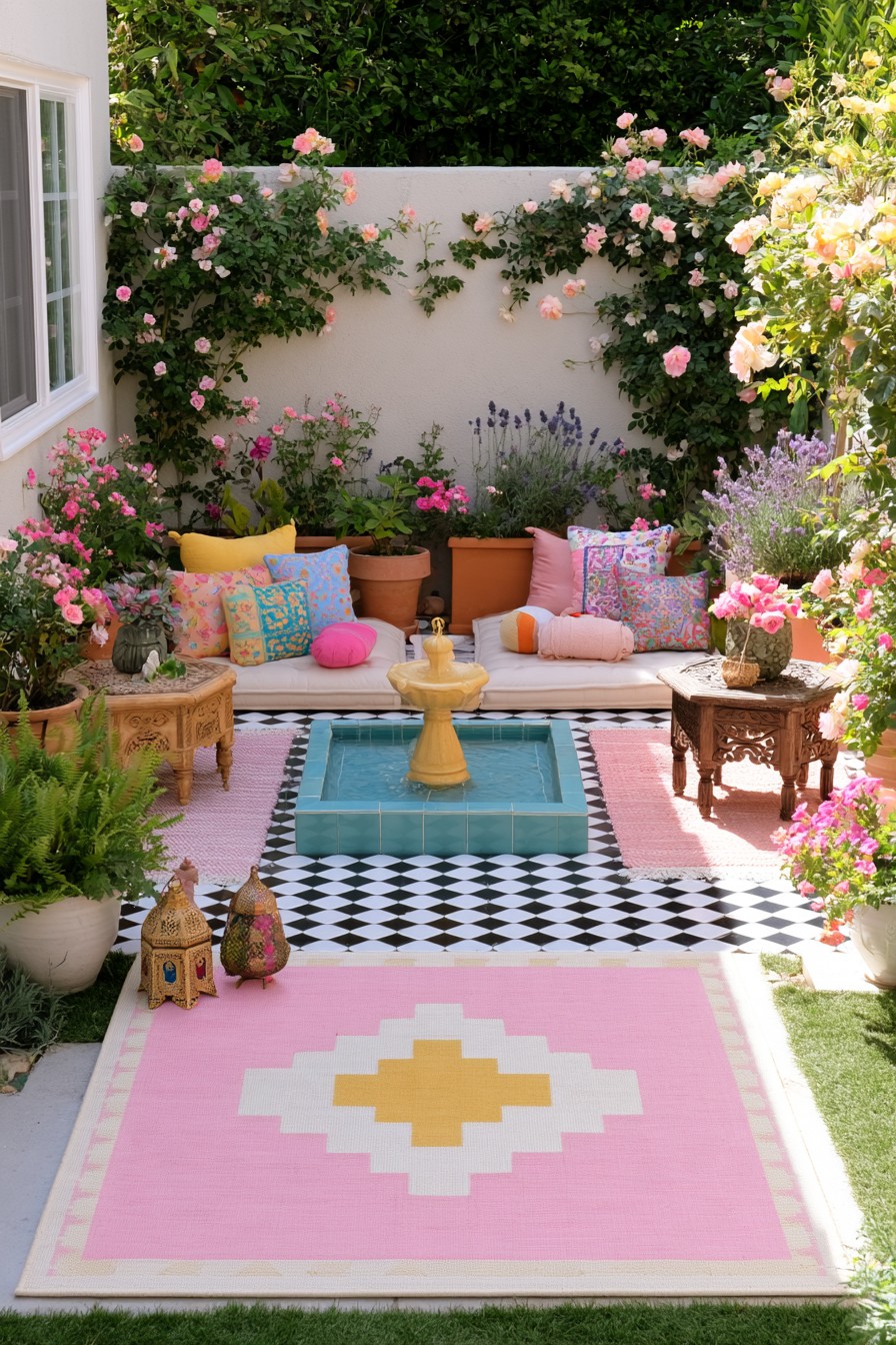 Rectangular blue water basin in a patterned courtyard surrounded by low seats and flowers