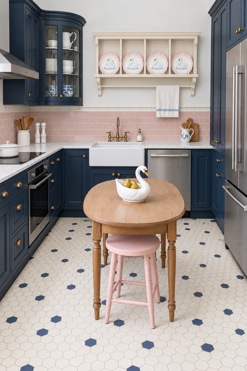 Navy kitchen cabinets, pale pink subway tiles, a cream rack of swan plates, and a swan bowl on a small wooden table