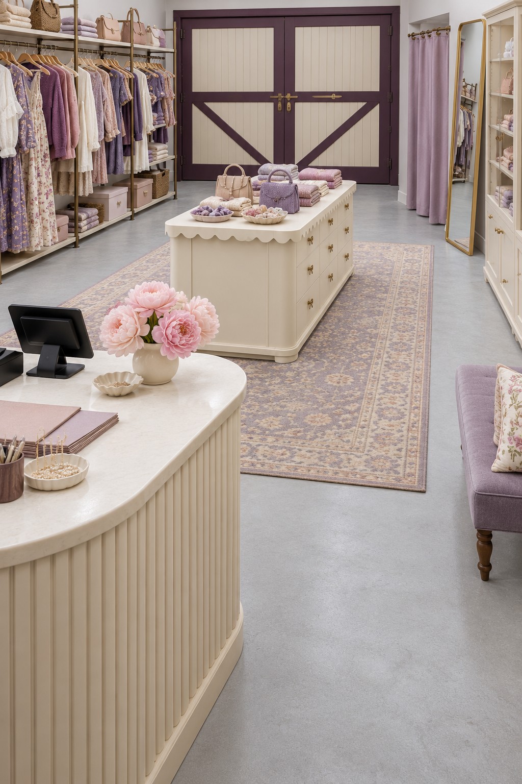 Lavender garage clothing boutique with garment rails, cream display island, full length mirror, fitting curtain, and front counter