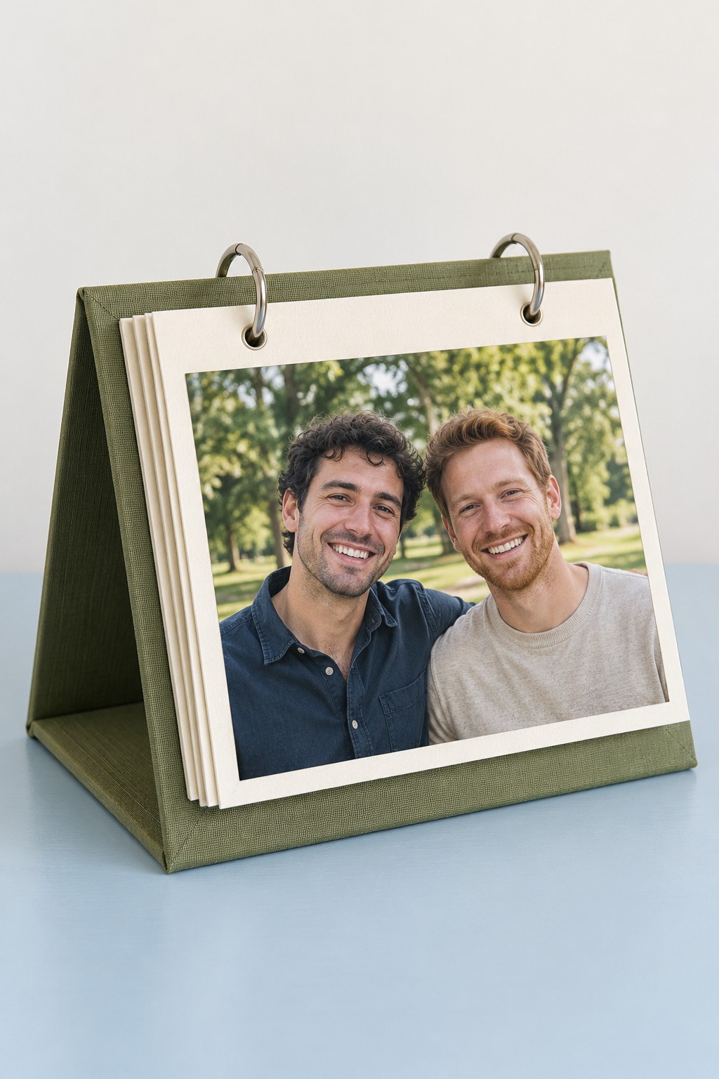 Olive triangular desktop photo stand with cream picture pages held by two metal rings