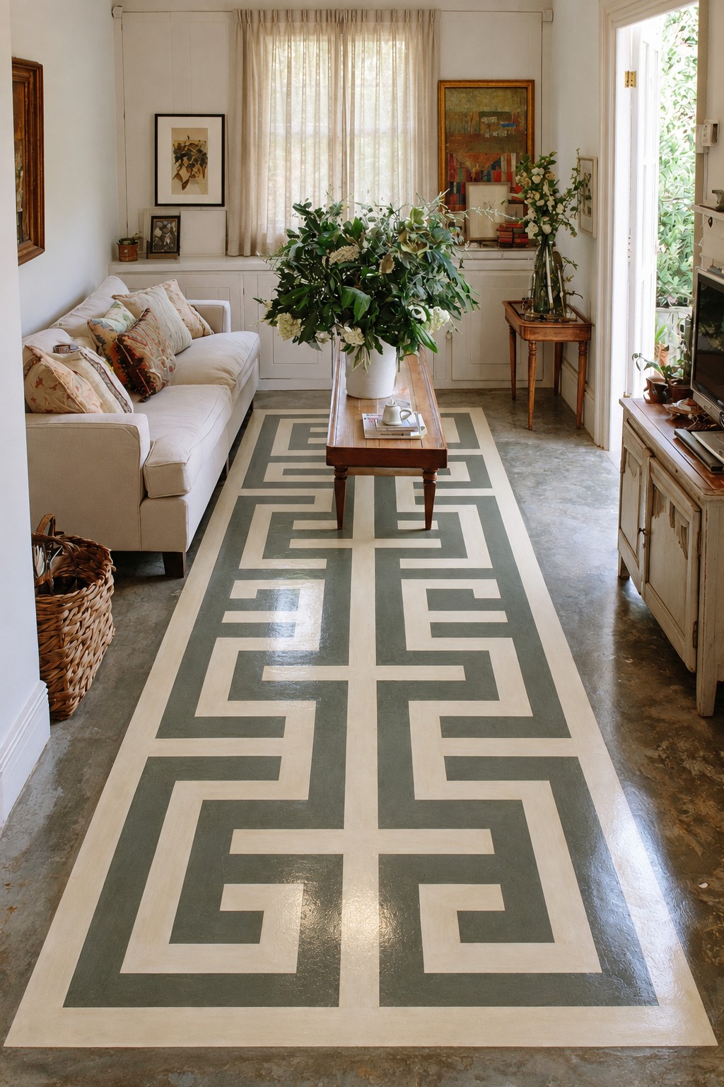 Cream Greek key lines forming a central runner on a muted gray green living room floor