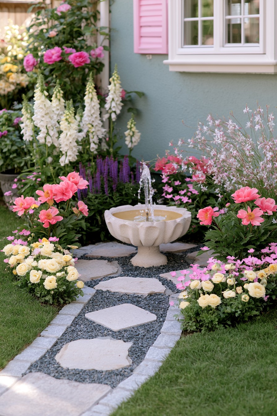 Low pedestal fountain at the end of a dark gravel path with pale stepping stones