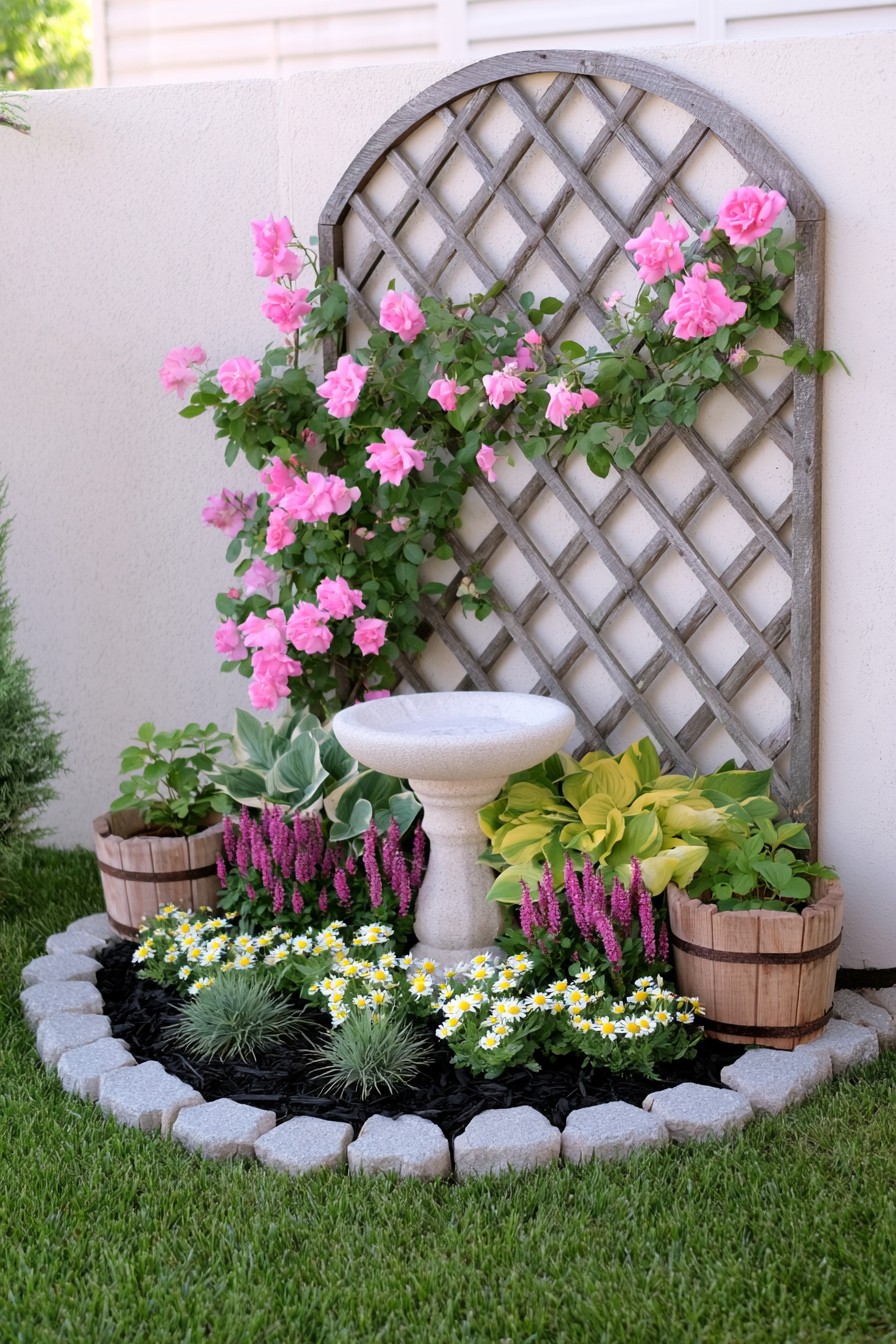 Arched lattice trellis with pink flowers behind a pedestal birdbath and barrel planters