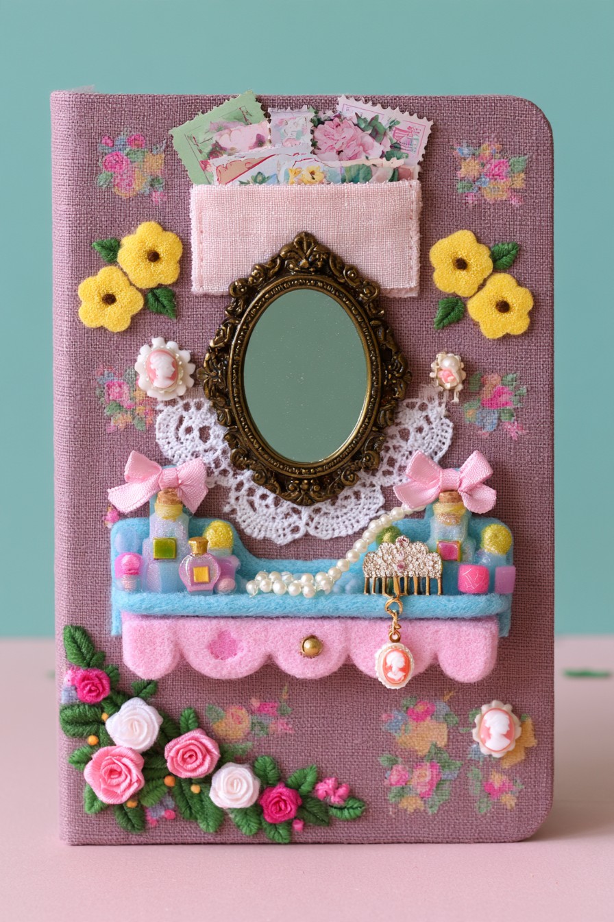 Mauve perfume vanity sketchbook cover with an oval mirror, embroidered flowers, miniature bottle details, and floral card storage