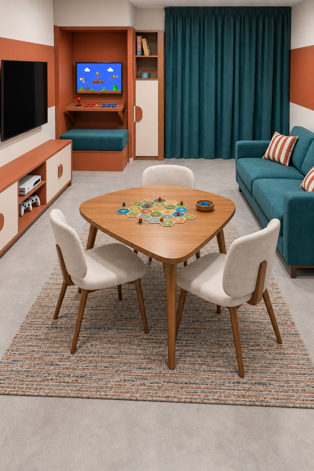 Compact teal and terracotta basement with a rounded triangular board game table, sofa, television, and built in arcade nook