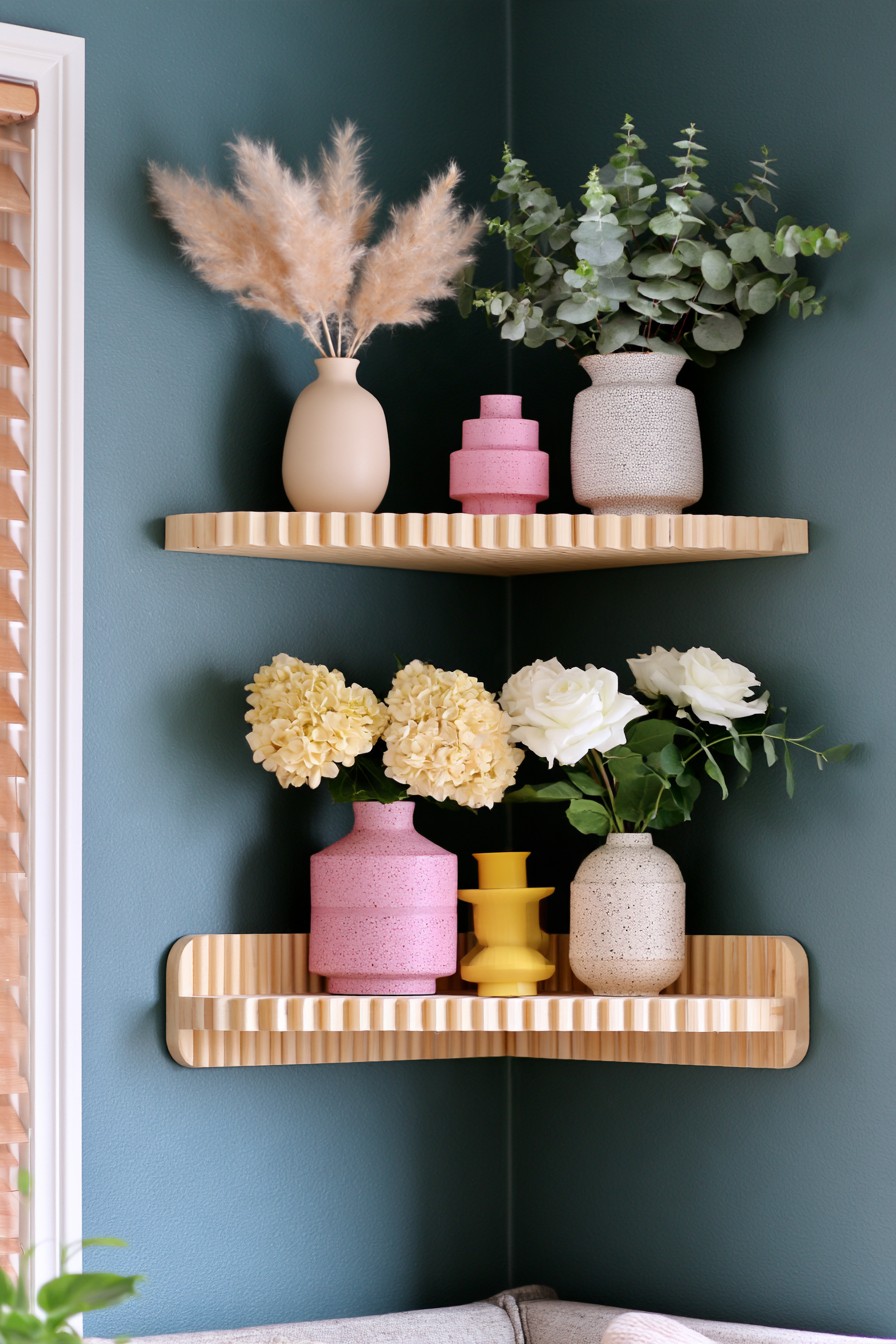 Two pale ribbed corner shelves with pastel vessels, fluffy dried grasses, round leaf stems, and pale flowers