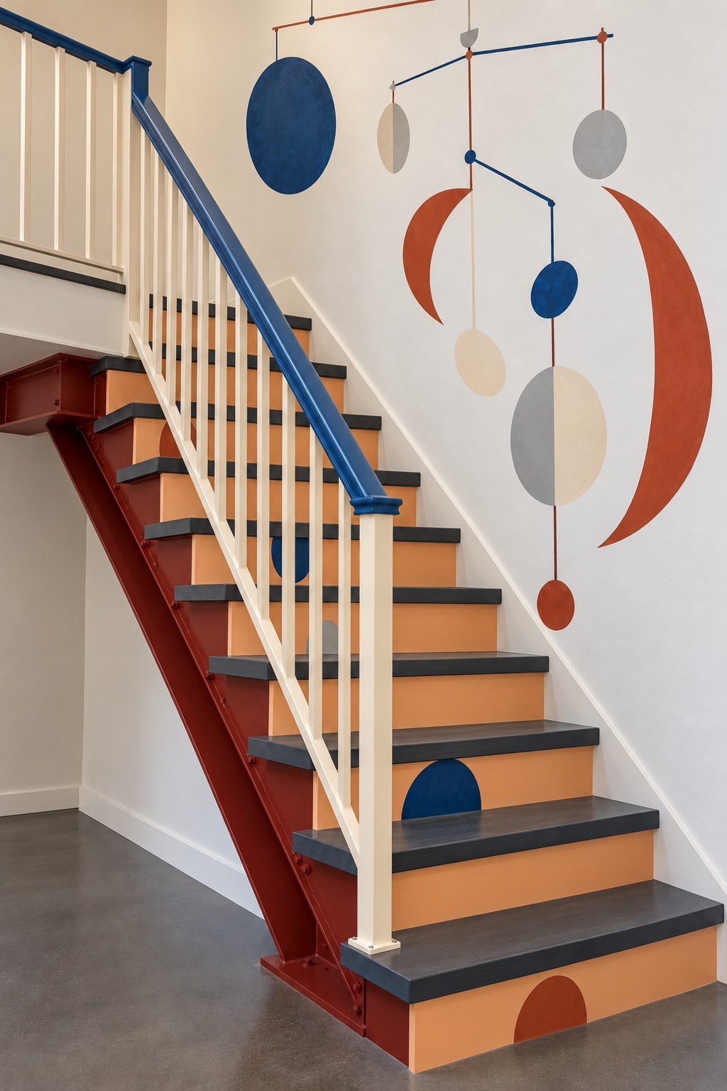 Apricot stair risers with dark treads, white spindles, blue handrail, and a wall mural of suspended shapes