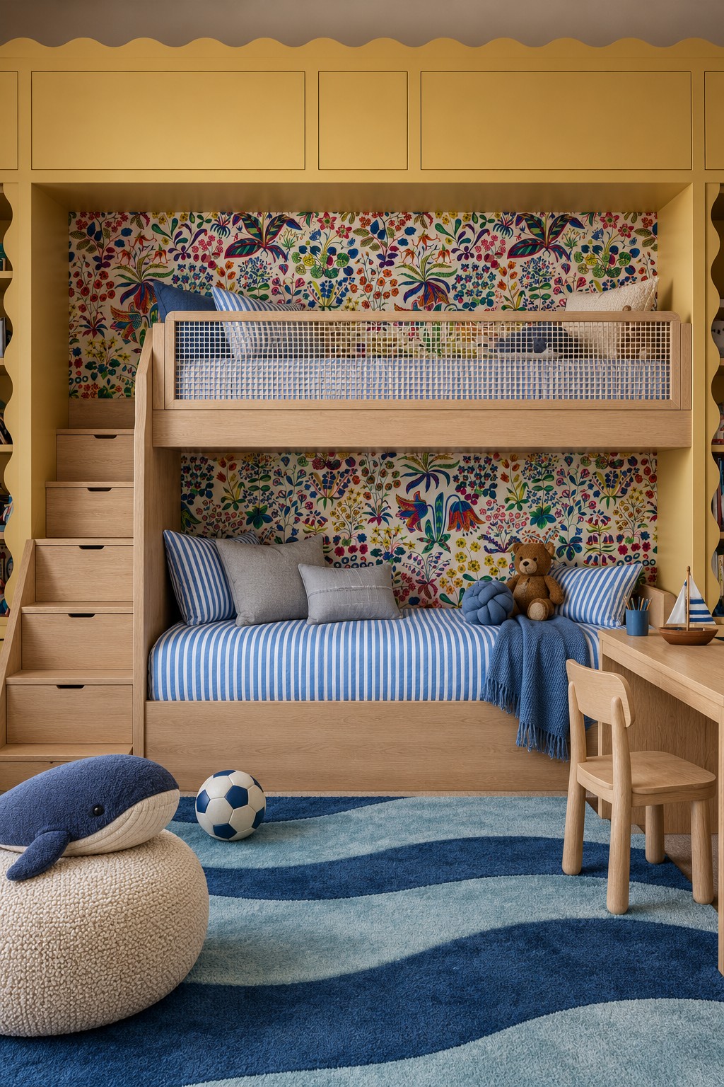 Natural timber bunk beds with a mesh upper guard, storage steps, blue striped bedding, floral wallpaper, and a blue wave rug