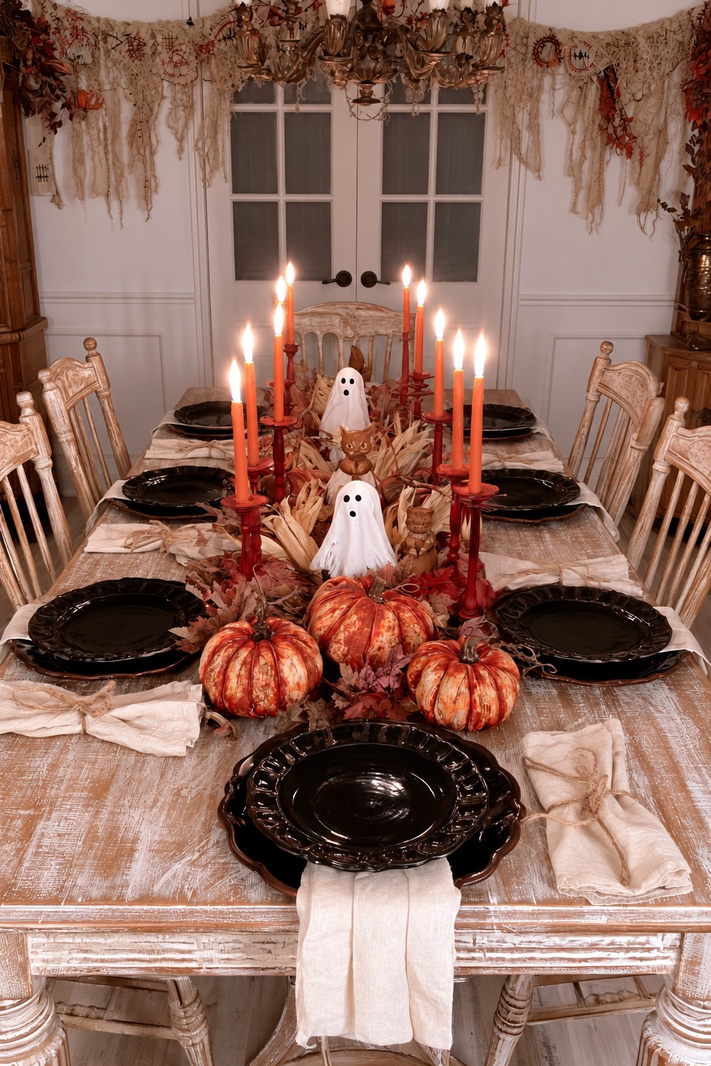Small white ghost figures among pumpkins and dried harvest textures on a whitewashed table