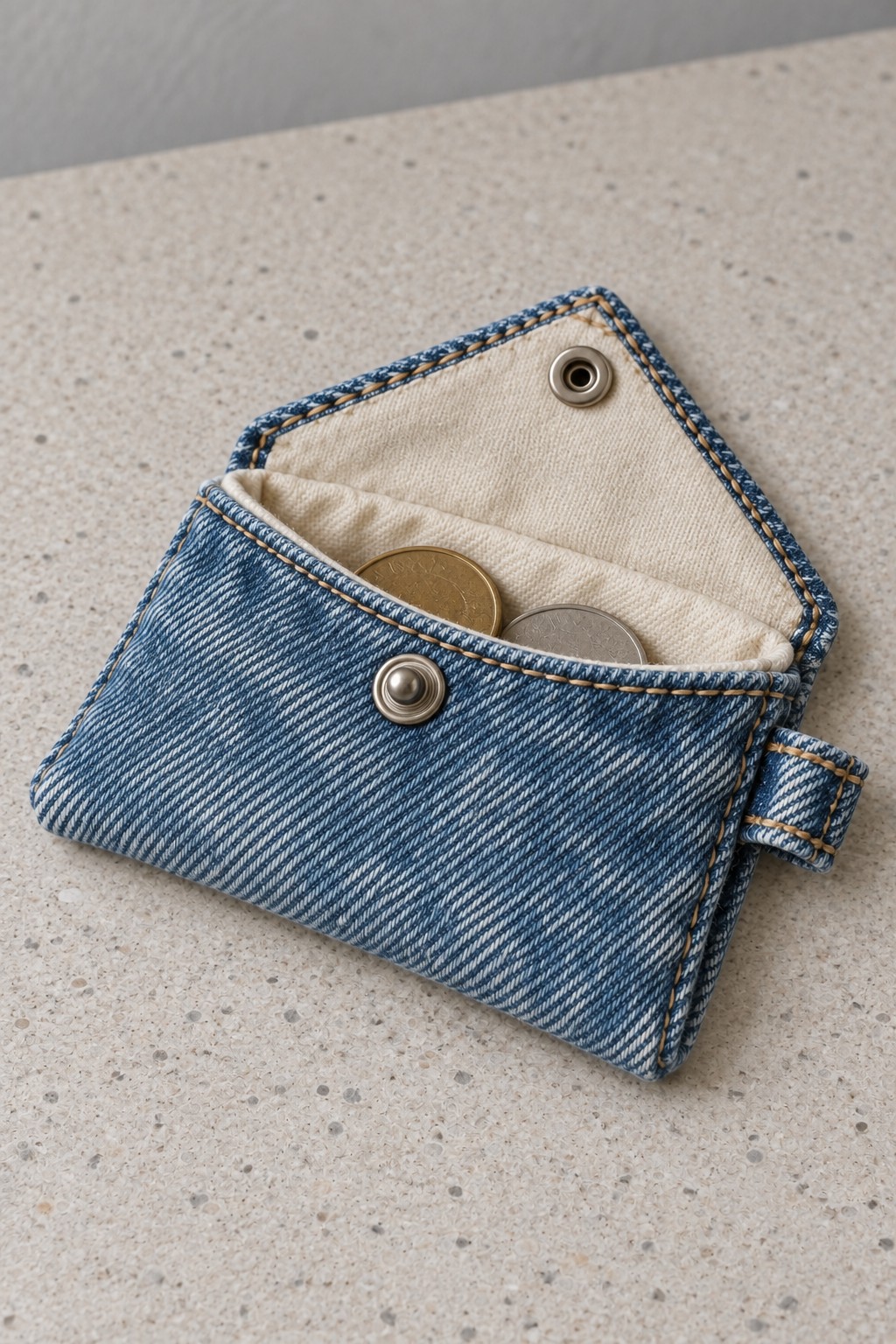 Small blue denim envelope purse with pale lining and a snap closure