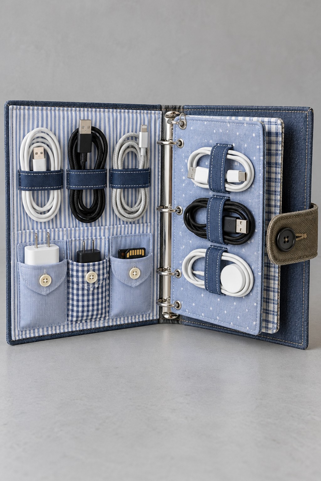 Open fabric covered ring binder with elastic straps holding coiled charging cables and pockets for small adapters