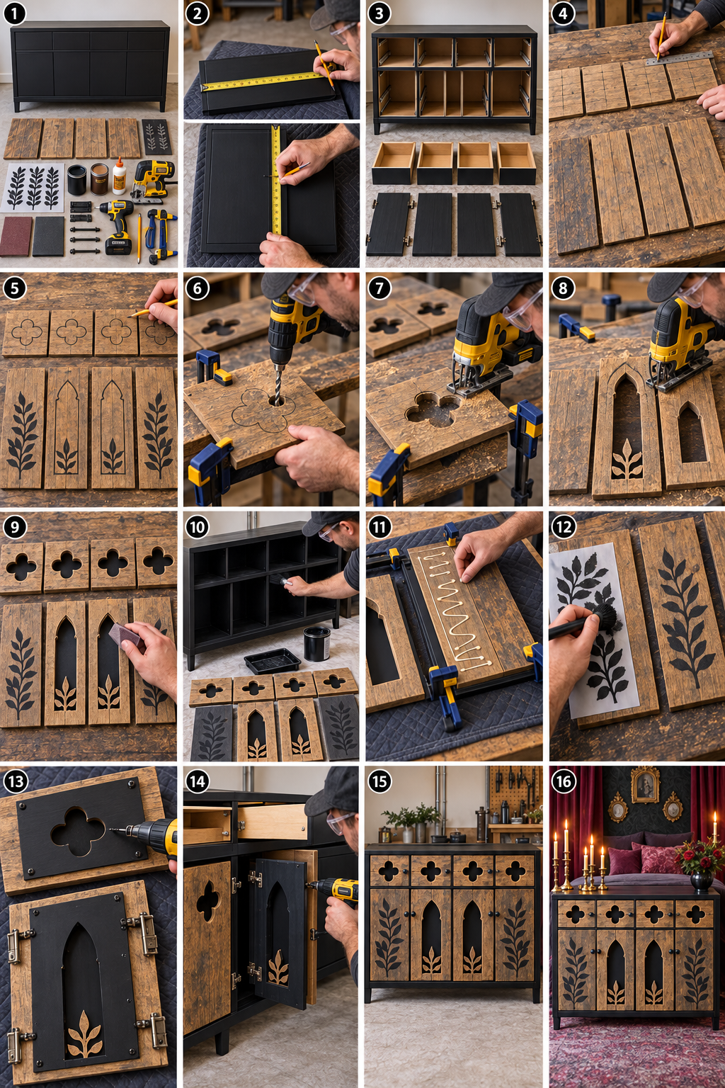 Sixteen panel sequence showing a cabinet renewed with separate rustic cutout drawer and door fronts
