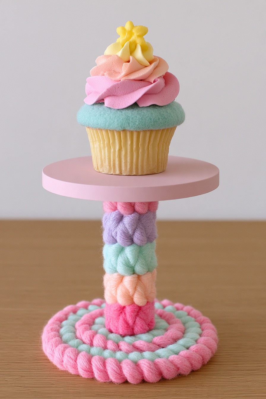 Single cupcake pedestal with chunky pastel textile loops and a pink platform