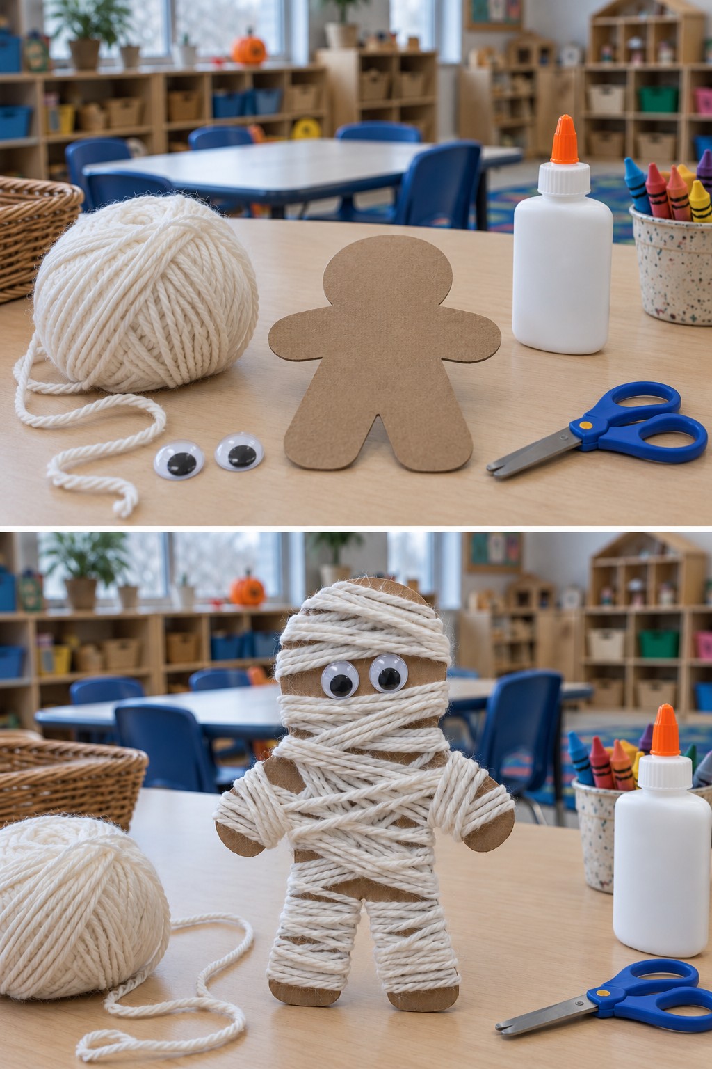 Cardboard figure and white yarn above a wrapped mummy with two visible eyes