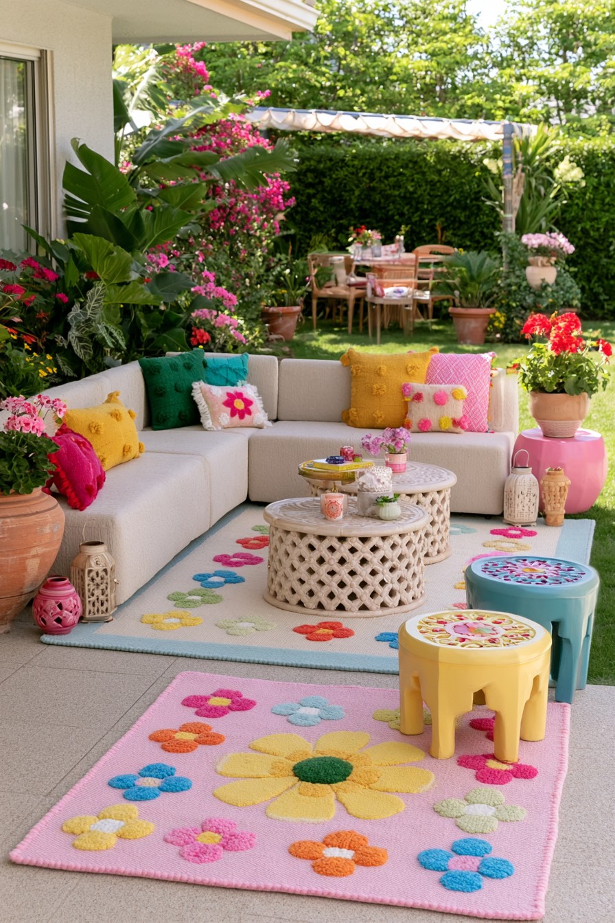 Patio sectional with colorful cushions, floral rug layers, small tables, and potted greenery