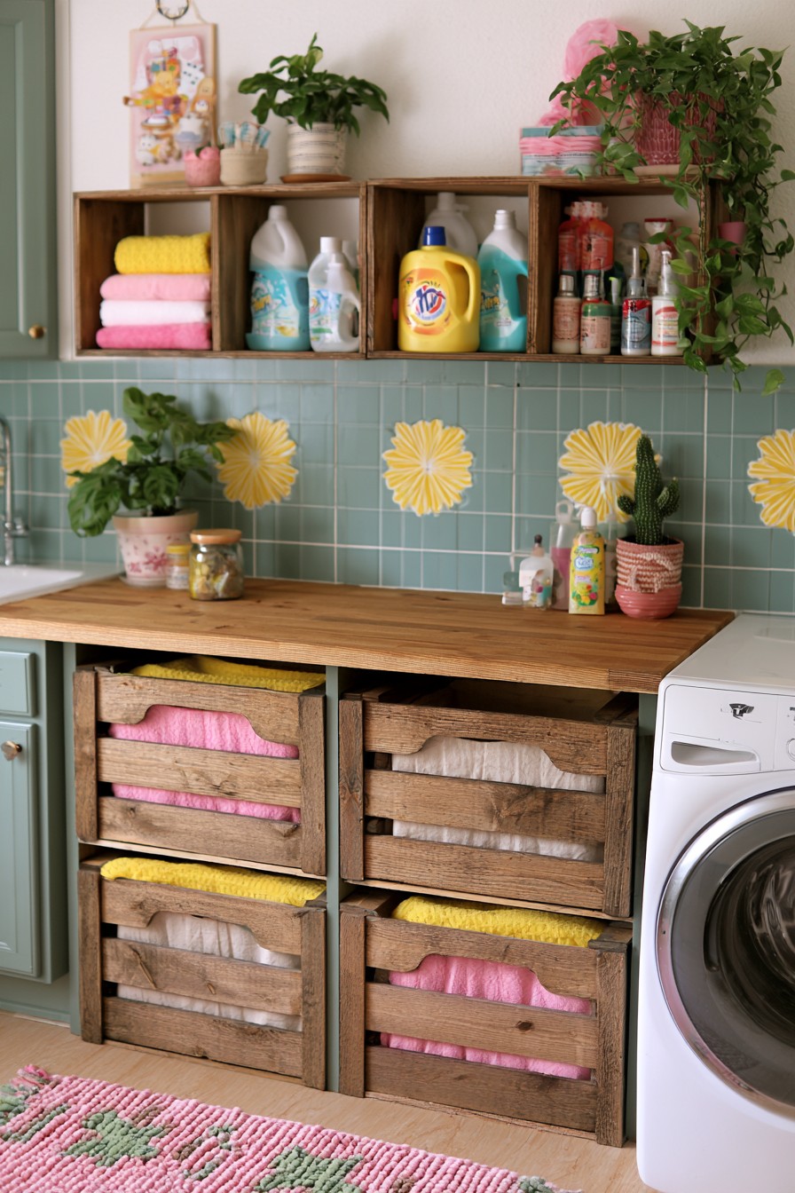 Laundry area with wooden crate sorting compartments and folding counter