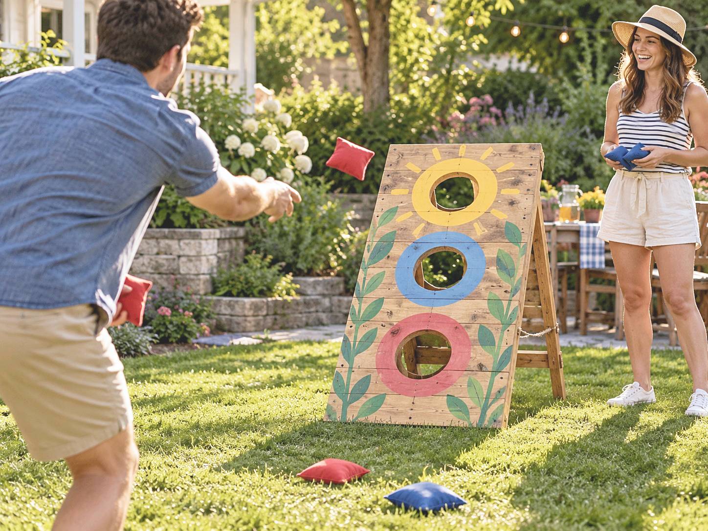 Garden beanbag board with yellow, blue, and red target holes and painted leaves