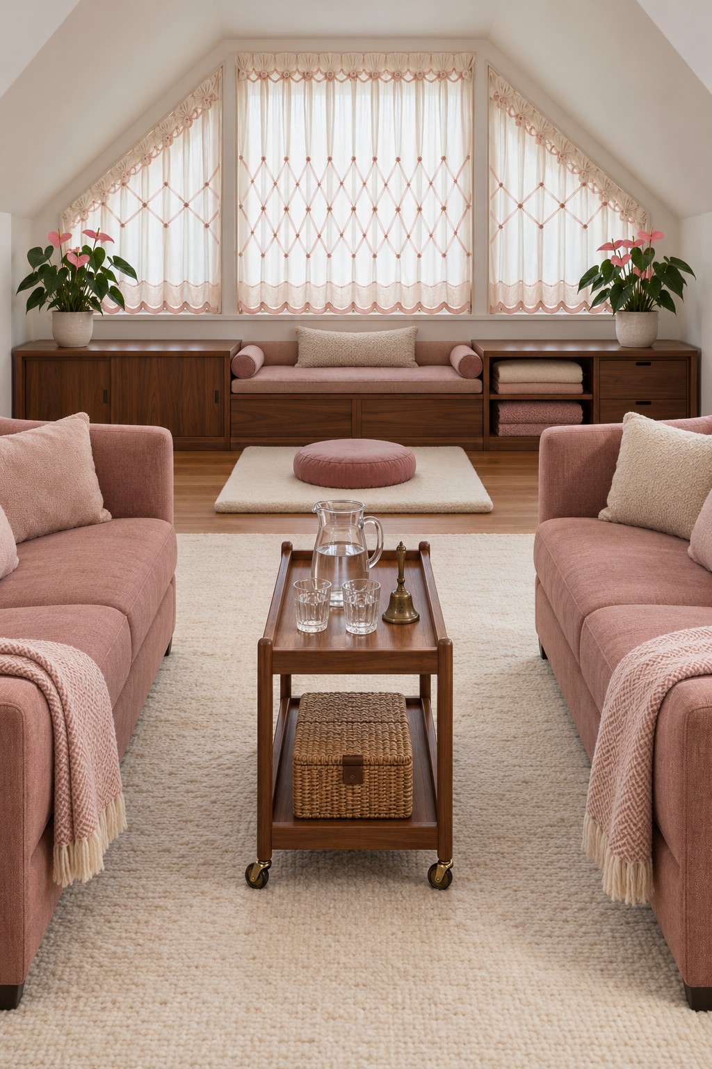 Two rose sofas facing a wooden trolley beneath a triangular window and a cushioned meditation platform