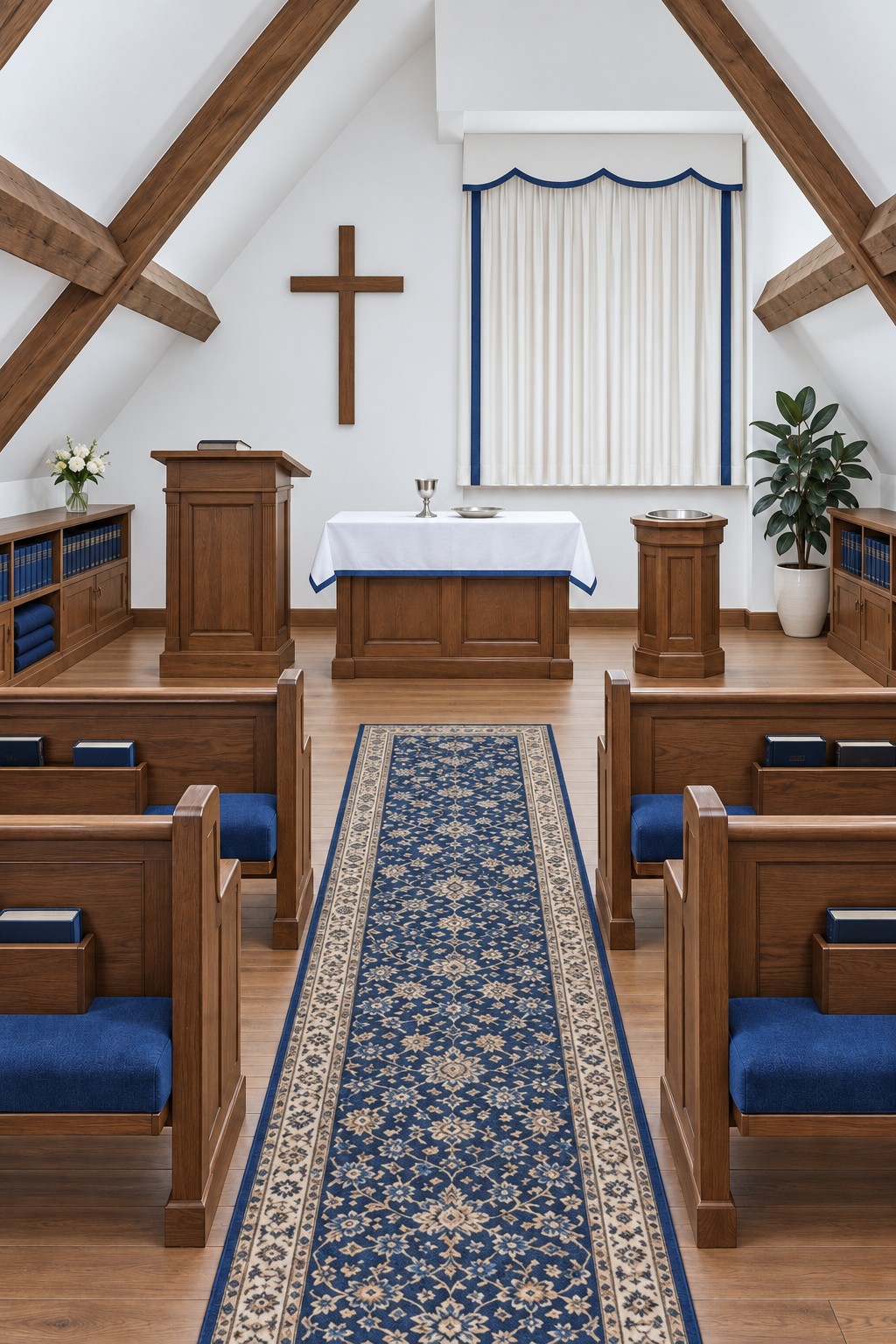 Small Christian attic chapel with a wooden cross white covered table blue upholstered pews and central runner