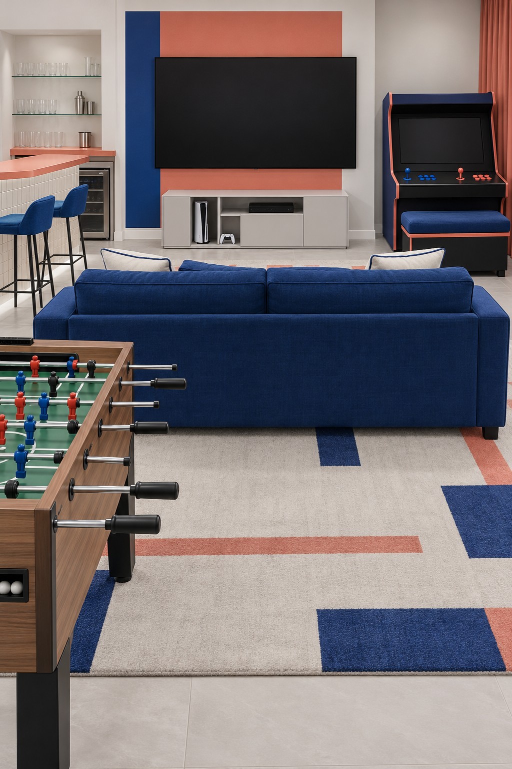 Cobalt sofa facing a television on a coral and blue wall with a single arcade cabinet, foosball table, and bar