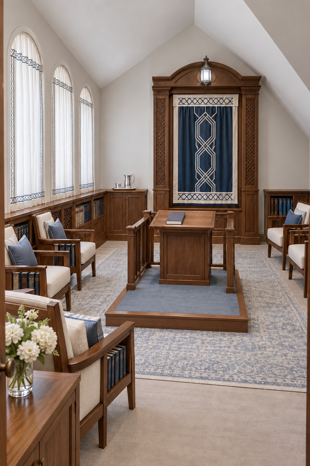 Wood paneled Jewish prayer room with a navy curtain on a tall ark surround and blue upholstered chairs