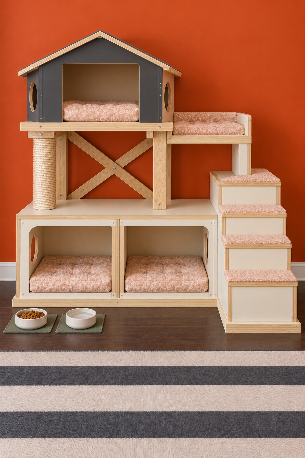 Gray raised cat cottage above pink cushioned cubbies with rear diagonal bracing and right stairs
