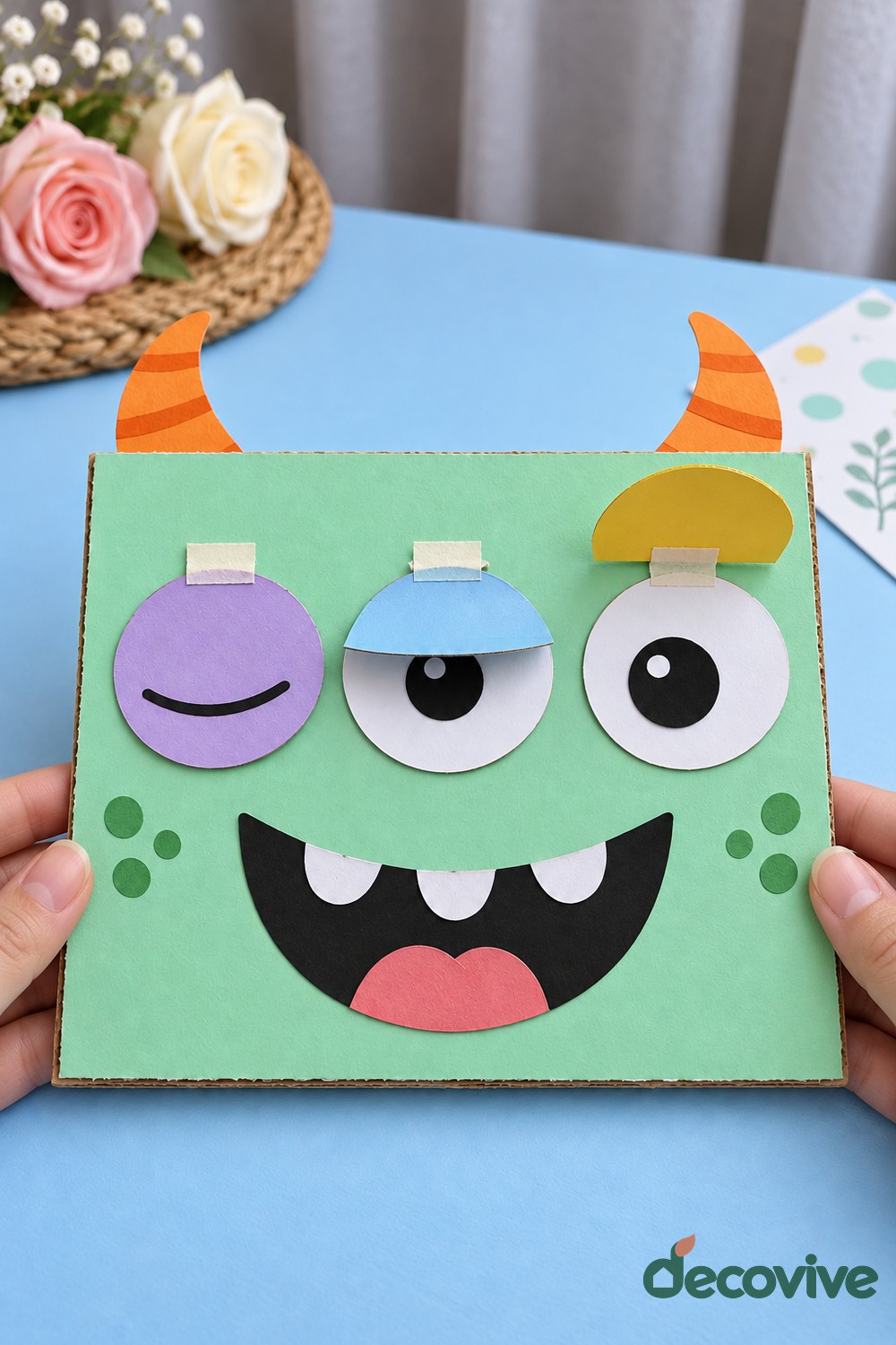 Finished cardboard monster face with lifting eyelids