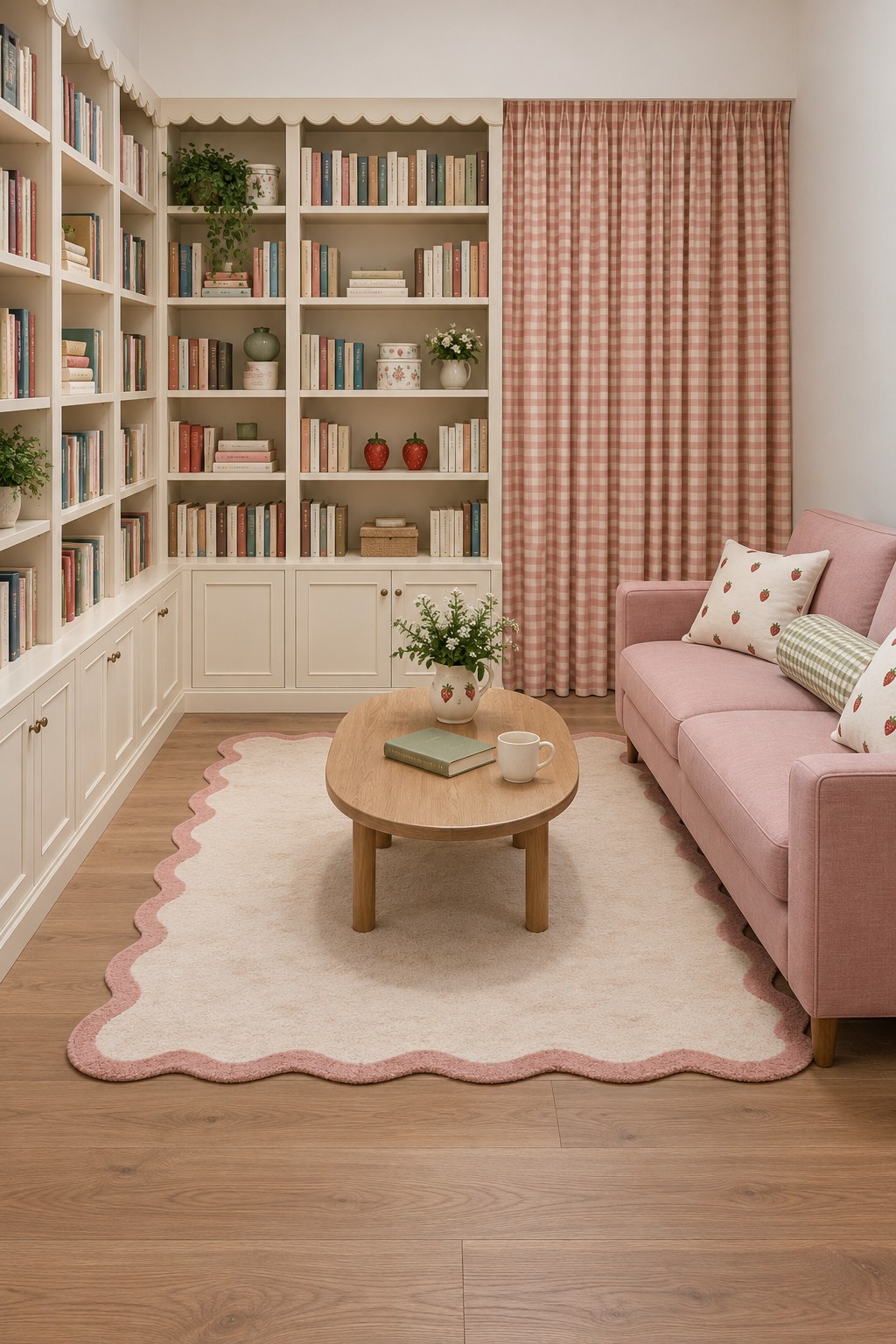 Cream corner bookcases with scalloped trim, pink checked curtains, a pink sofa and a scalloped cream rug