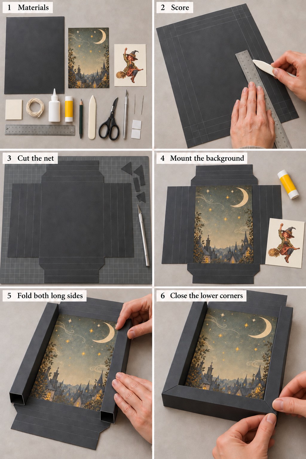 Six making stages showing the materials, scored cardstock, cut frame net, mounted background, folded side rails and lower corner assembly
