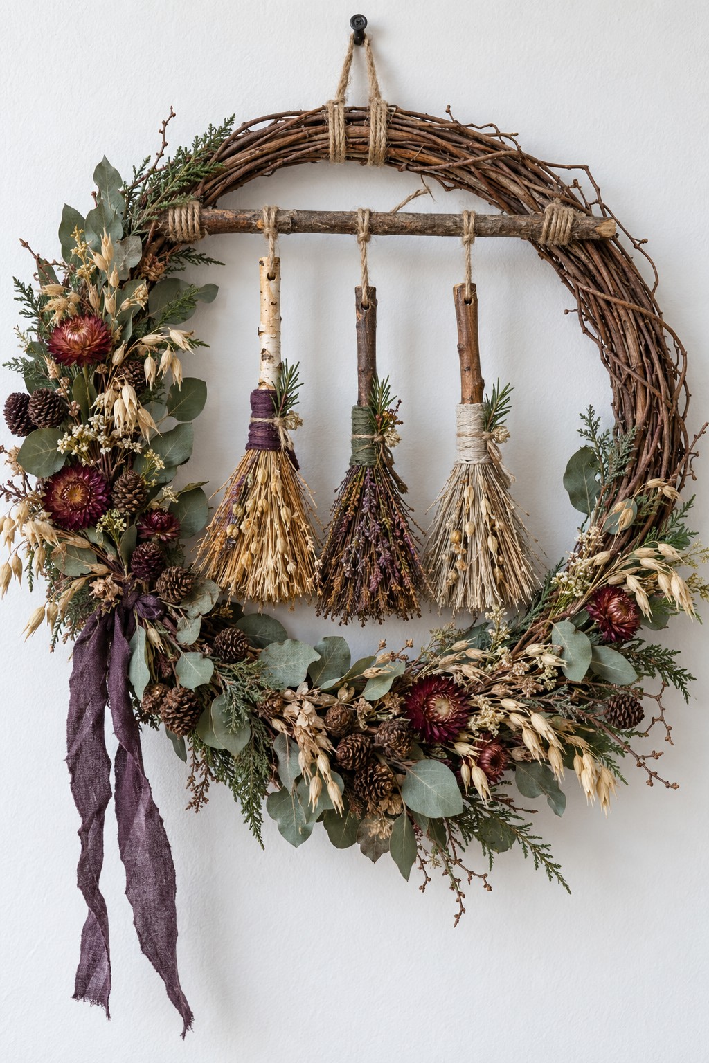 Grapevine wreath with three miniature herb brooms, dried flowers, eucalyptus and trailing plum ribbon