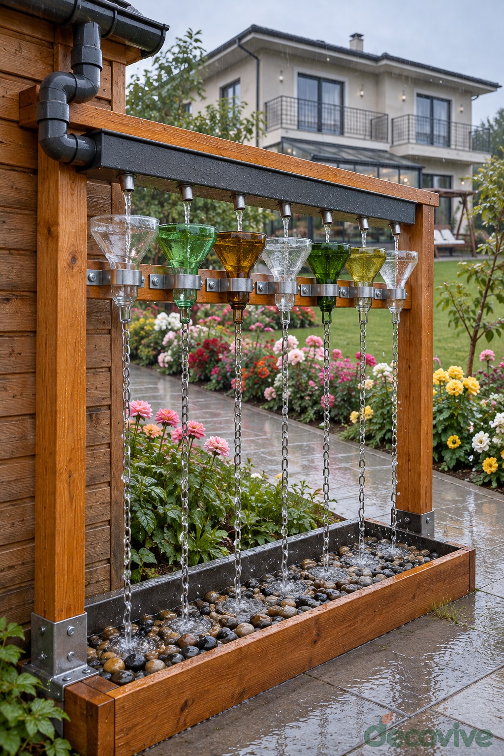 Timber rainwater frame with colored glass funnels and chains above a gravel trough