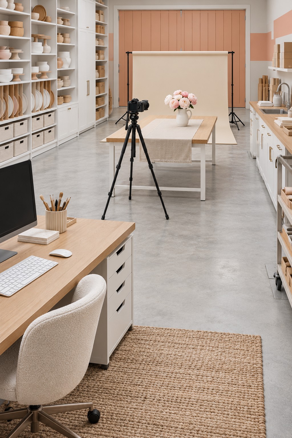 Garage product photography studio with a camera tripod, cream backdrop, tabletop flower arrangement, prop shelves, and editing desk