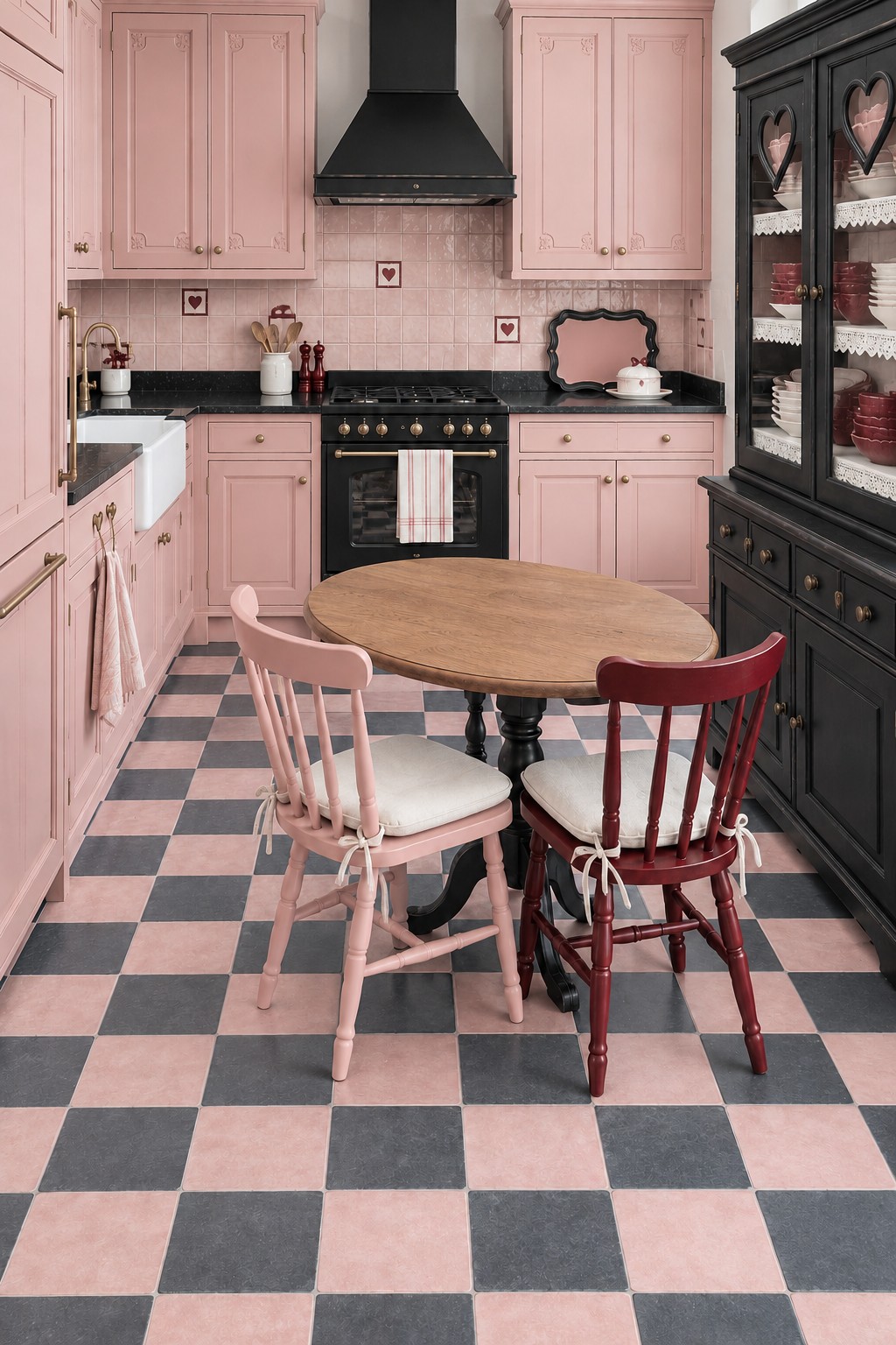 Blush pink kitchen with heart accent tiles, a black glass china hutch, mismatched chairs, and a pink and charcoal checkerboard floor
