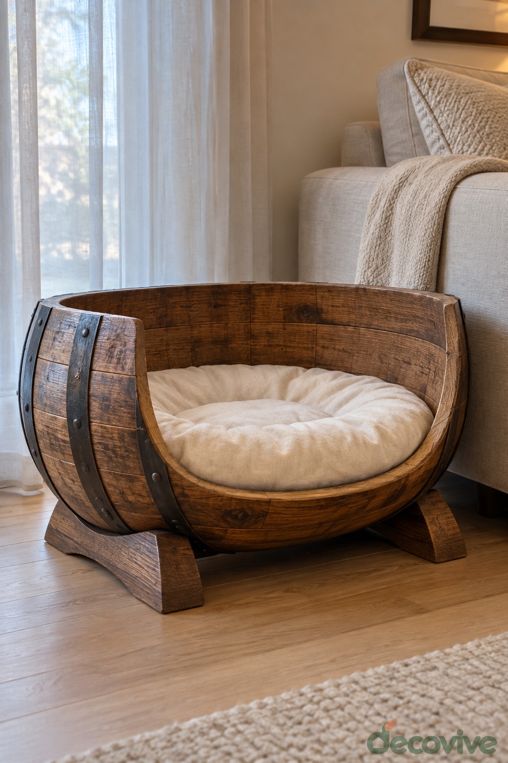 A Low Barrel Pet Bed with a Washable Cushion