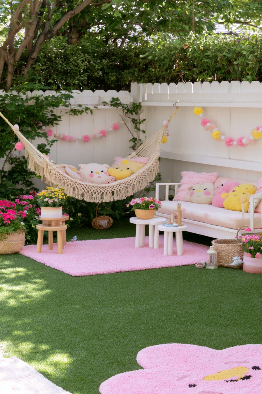Pastel garden bench and woven hammock beside a white fence and open green foreground